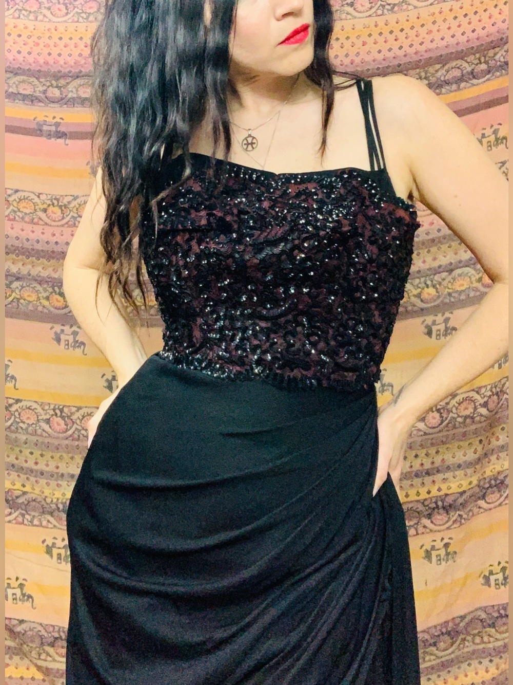 Vintage Black & Burgundy Beaded Evening Dress, Sleeveless Formal Gown